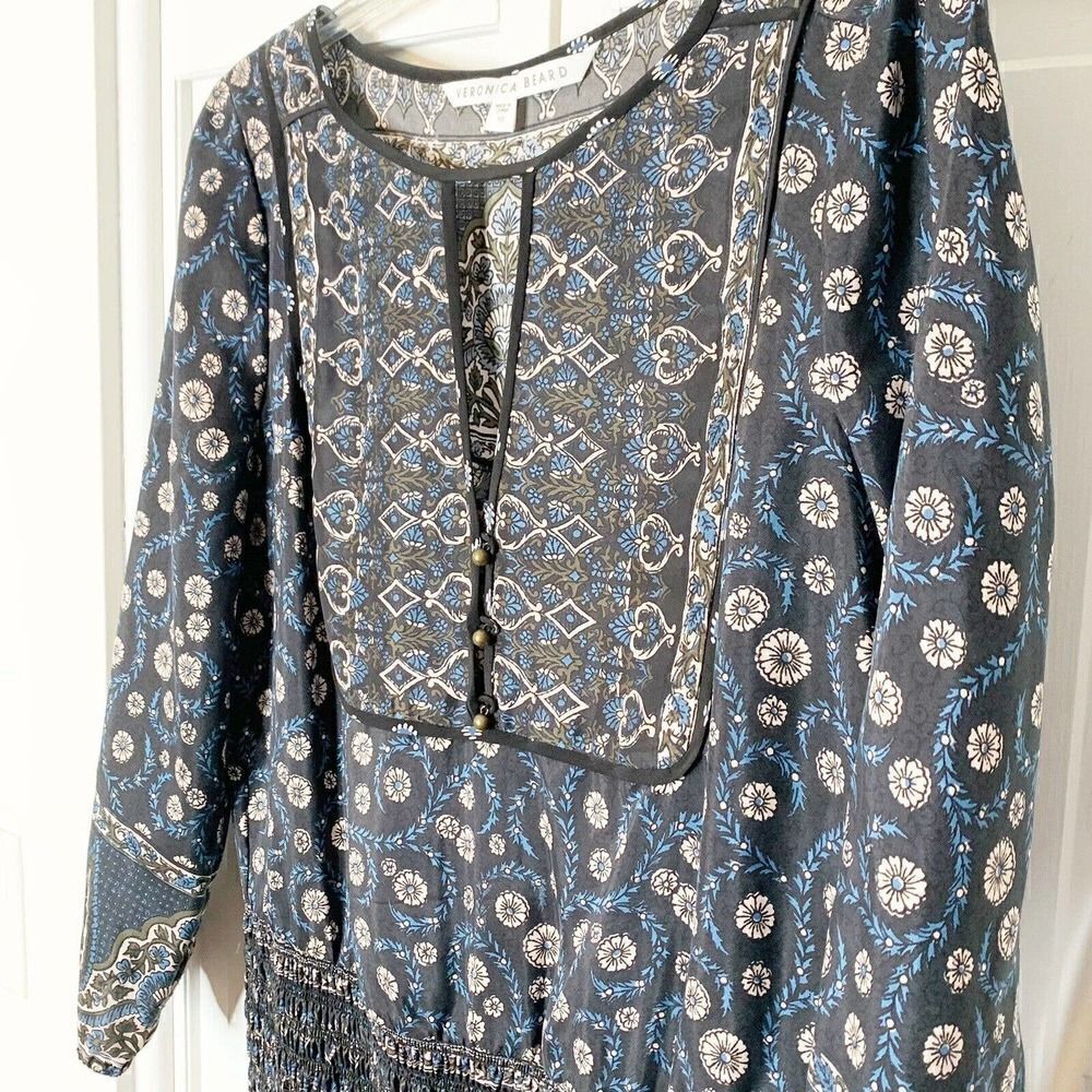Veronica Beard Makai Printed Silk Smocked Long Sleeve Boho Mini Dress Women’s 10 - Picture 6 of 9